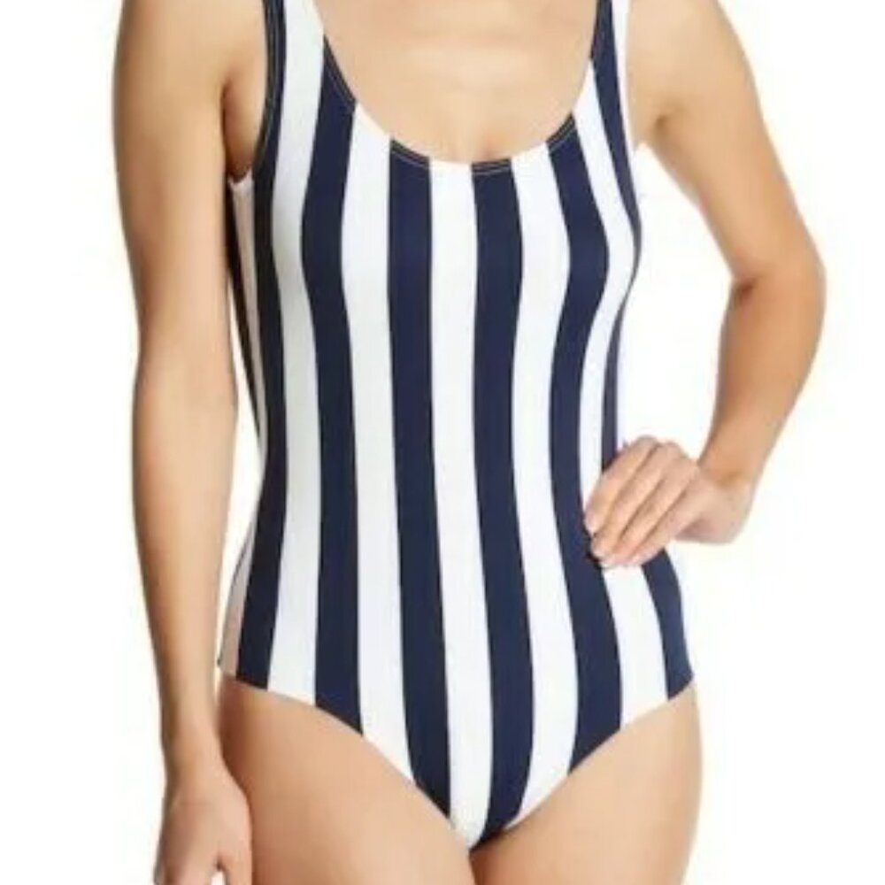 Onia Kelly One Piece Navy Blue White Striped Swimsuit Size Medium